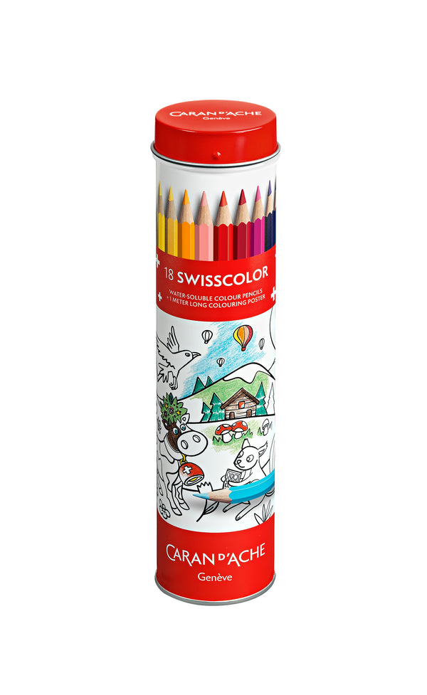 18 lápices de color solubles en agua Swisscolor + póster de animales suizos en Tubo de metal