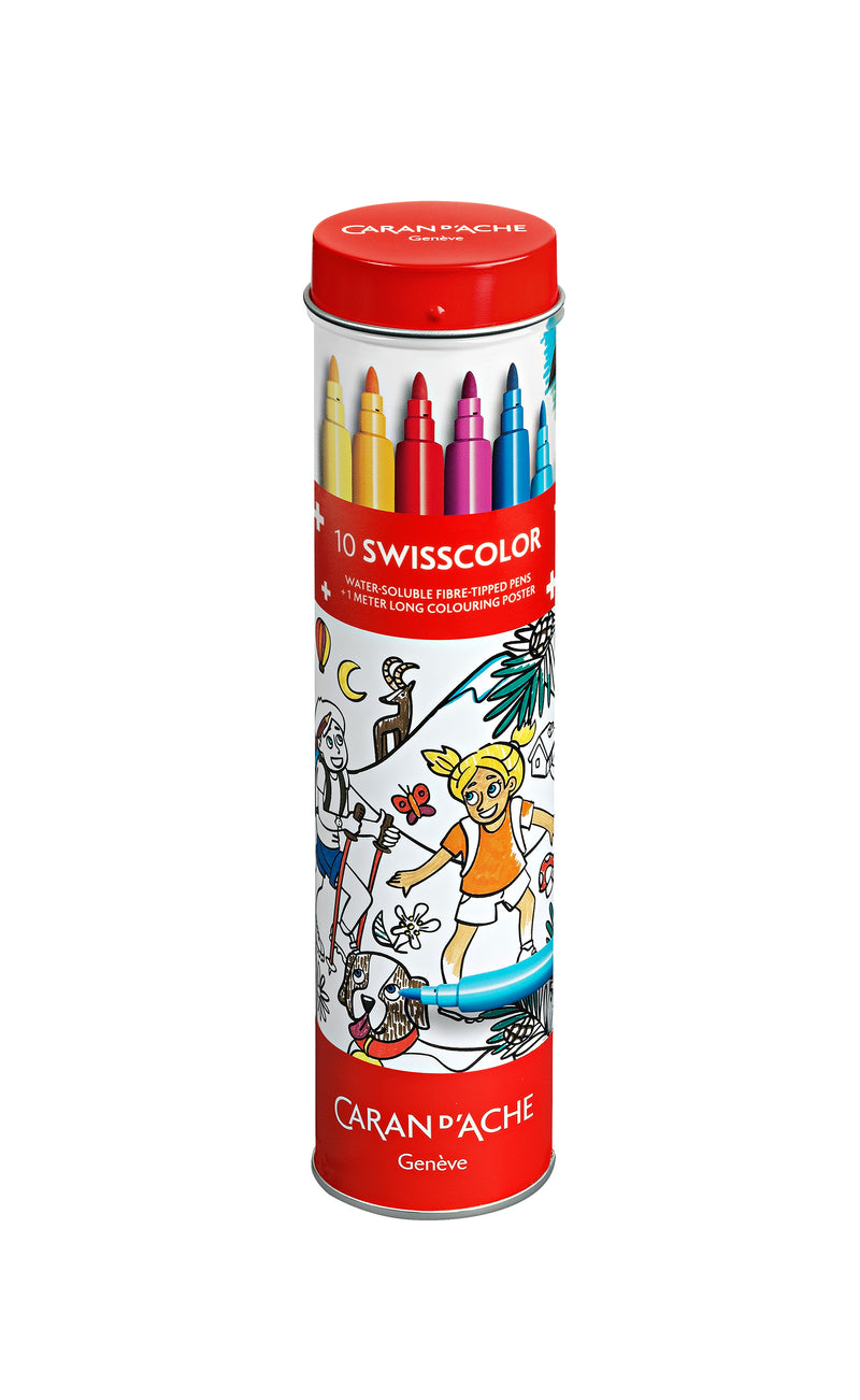 10 Marcadores de Fibra Swisscolor estándar + Póster sobre el tema de Suiza en Tubo de metal